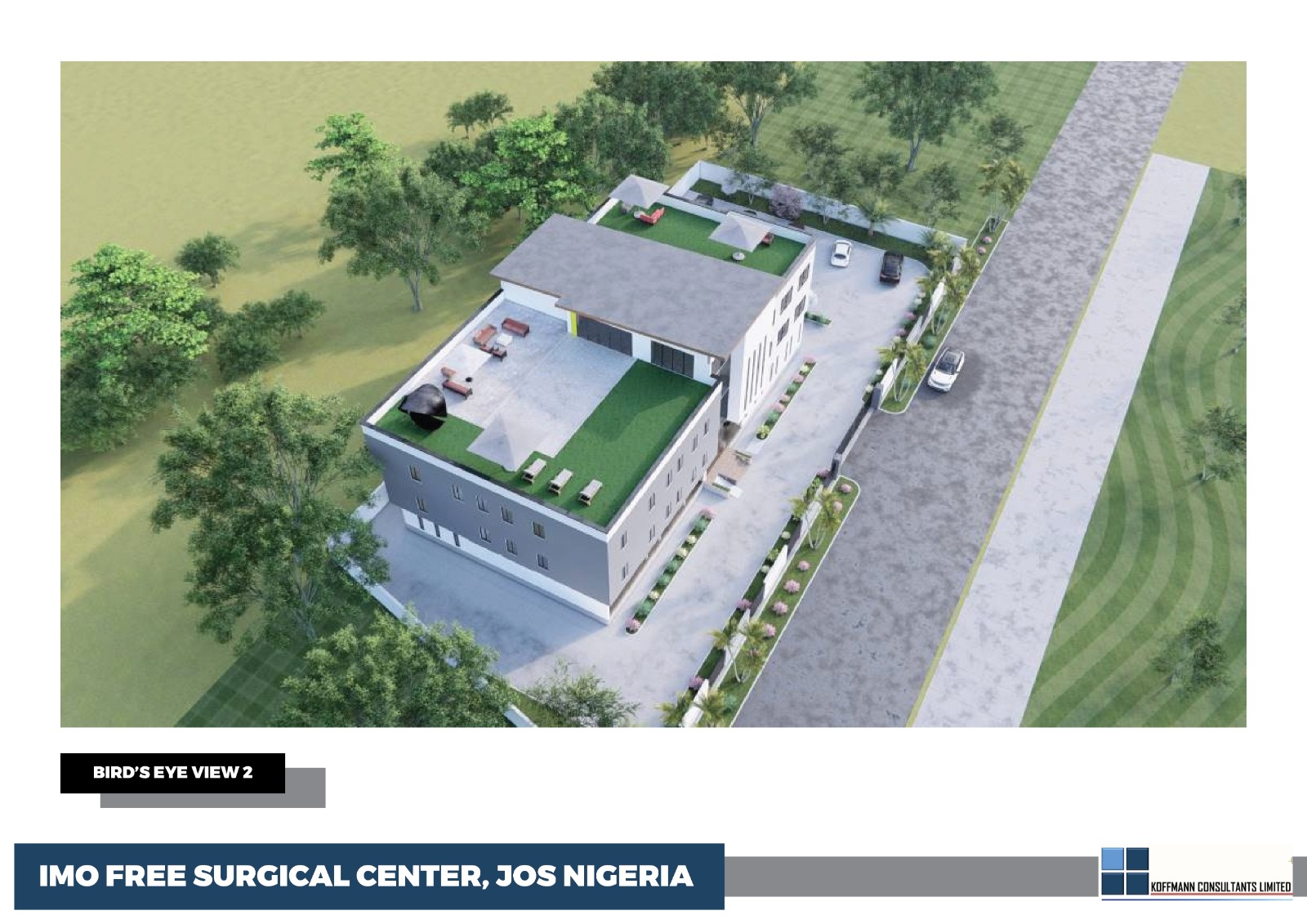 Architectural rendering of IMO Free Surgical Hospital, Jos Nigeria, aerial view from the rear