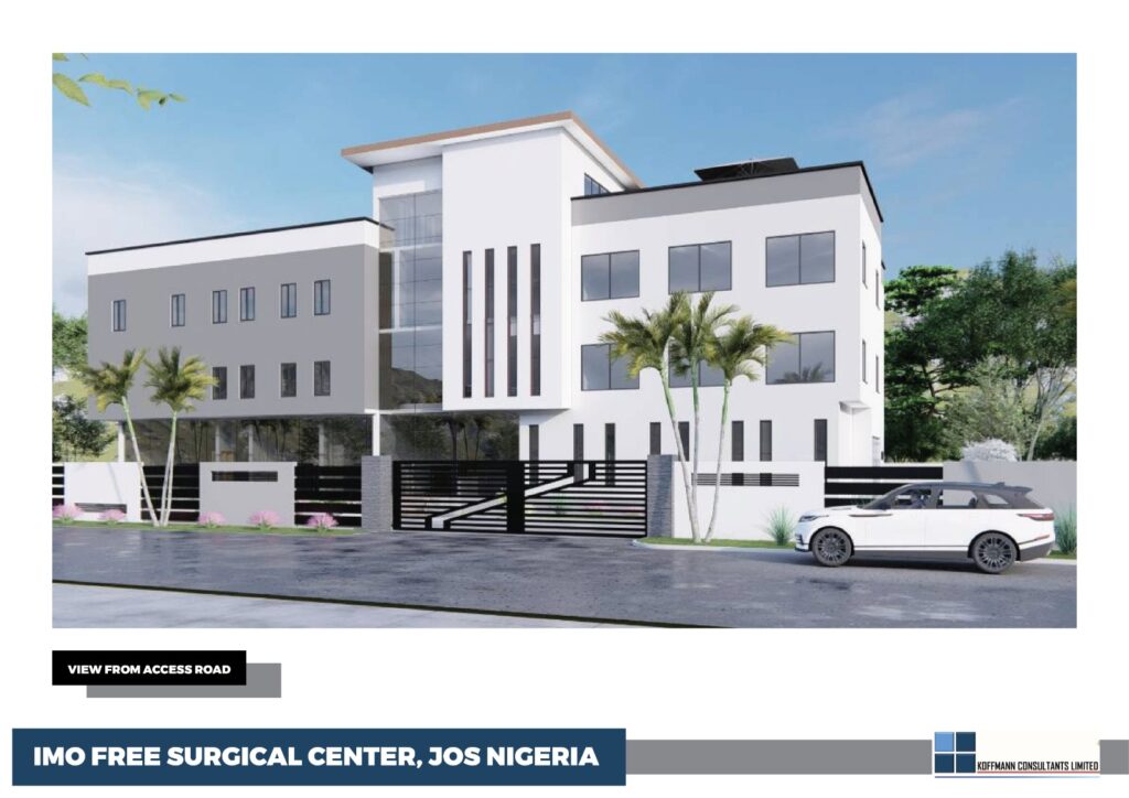 Architectural rendering of IMO Free Surgical Hospital, Jos Nigeria, front perspective
