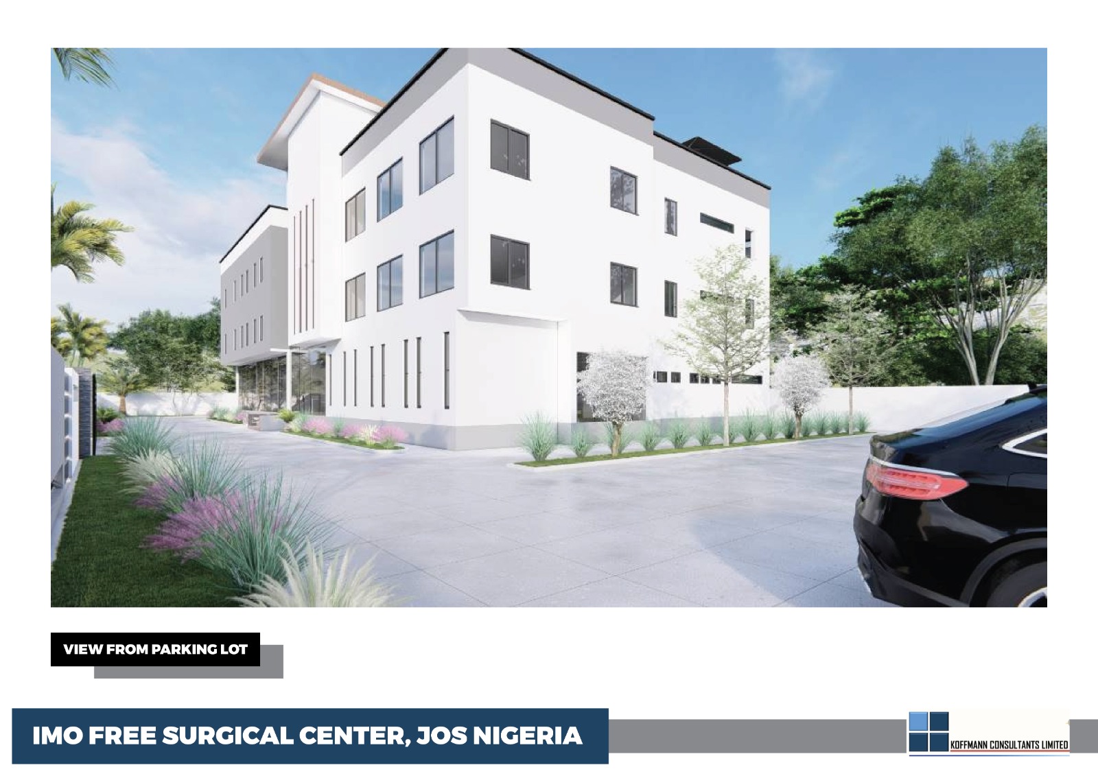 Architectural rendering of IMO Free Surgical Hospital, Jos Nigeria, view from parking lot